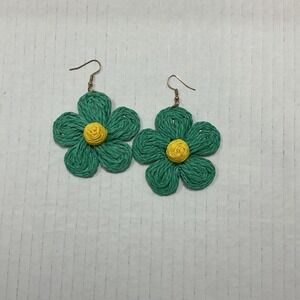 Flower Earrings Green Yellow Raffia Statement Dangle Drop Lightweight